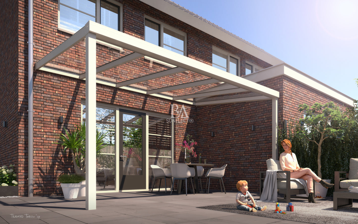 SUNFLECT® Comfortline - 7,06 meter breed in Crème (RAL 9001) met Heldere Polycarbonaat