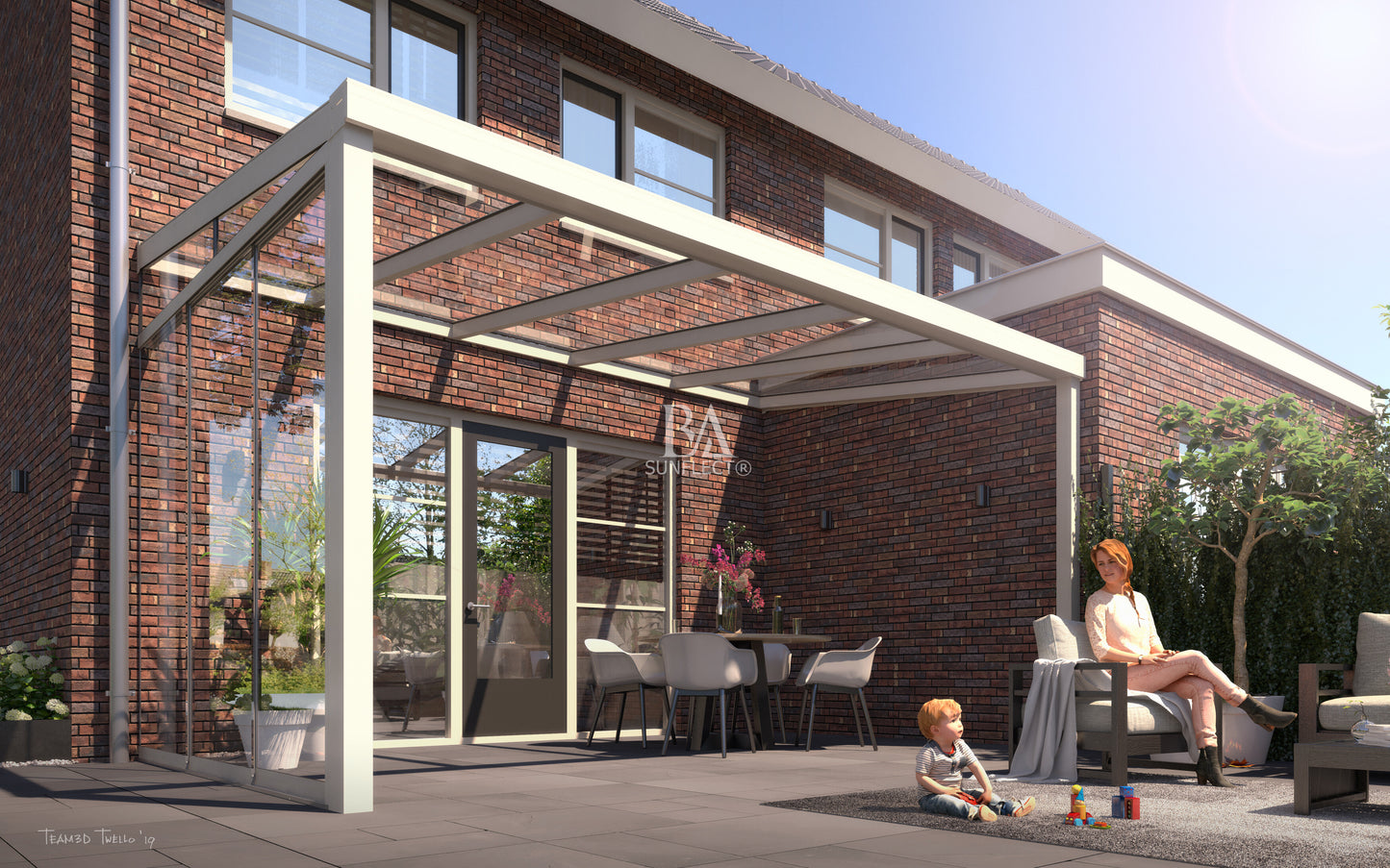 SUNFLECT® Comfortline - 6,06 meter breed in Crème (RAL 9001) met Heldere Polycarbonaat