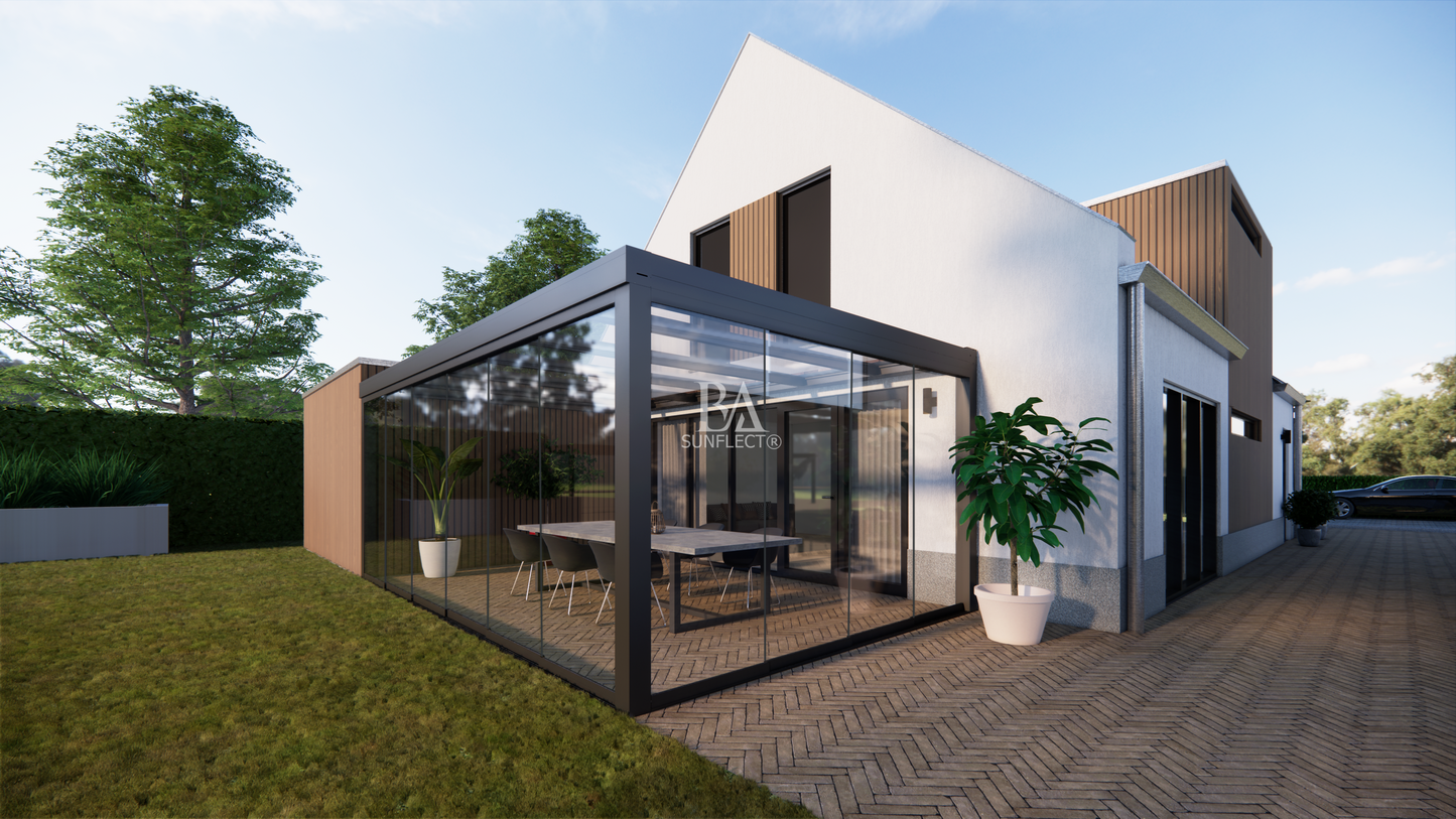 SUNFLECT® Flatroof - 5,4 meter breed in mat zwart met Gelaagd glas