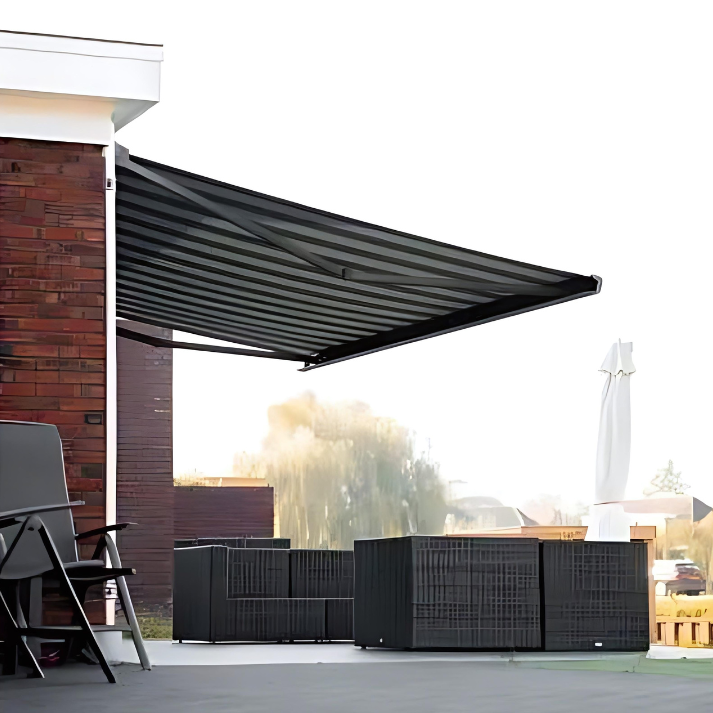 SUNFLECT® Terrasscherm op maat - Antraciet structuurlak (Ral 7016) en Antraciet-grijs gestreept 31509 Doek